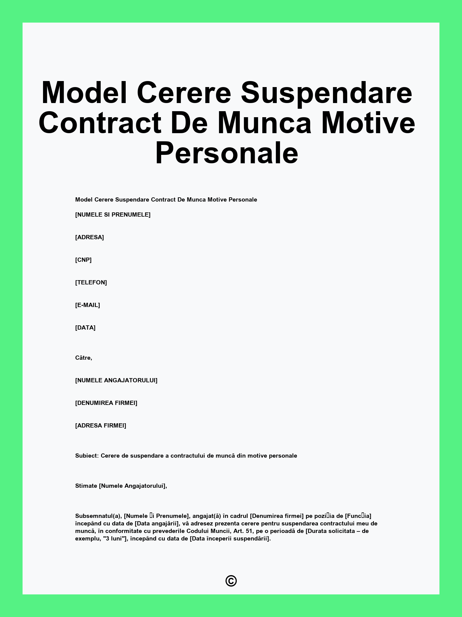 Model Cerere Suspendare Contract De Munca Motive Personale