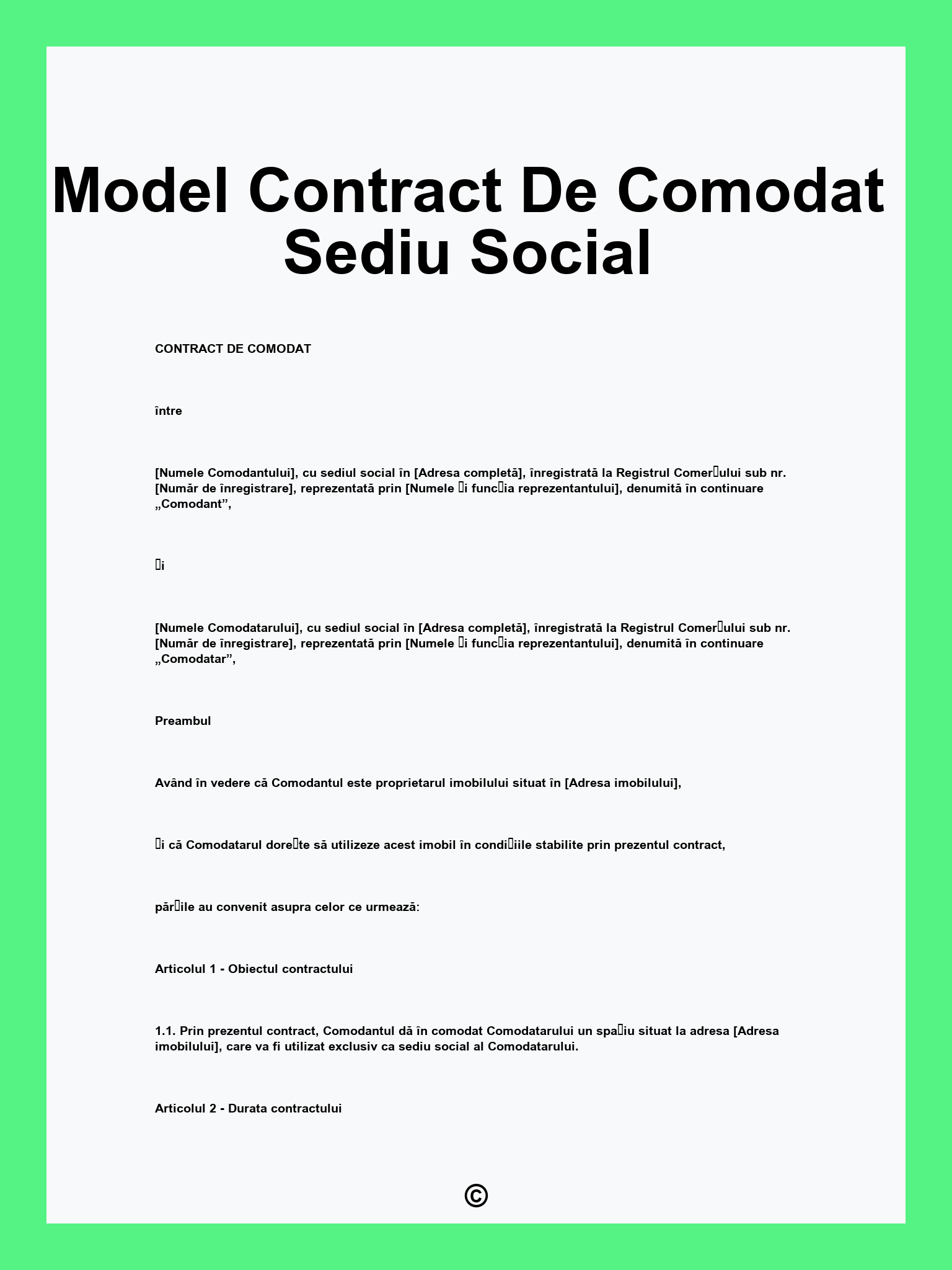 Model Contract De Comodat Sediu Social