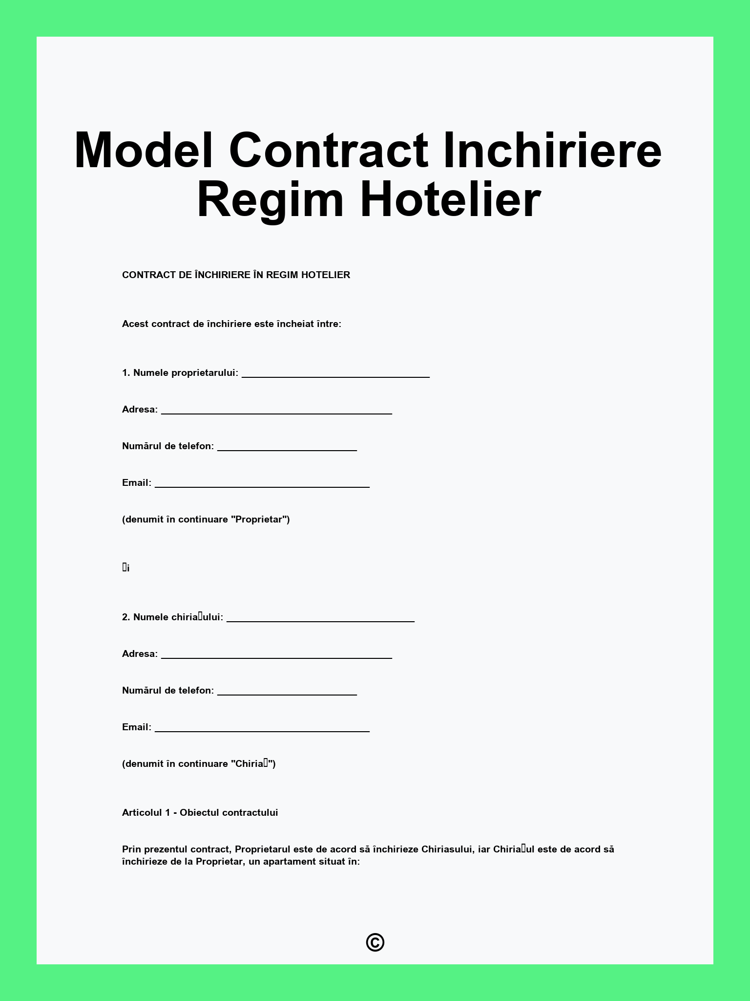 Model Contract Inchiriere Regim Hotelier